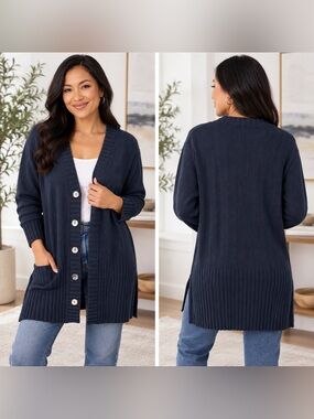 Rodier Navy Blue Longline Ribbed Cardigan Sweater Cotton Blend M